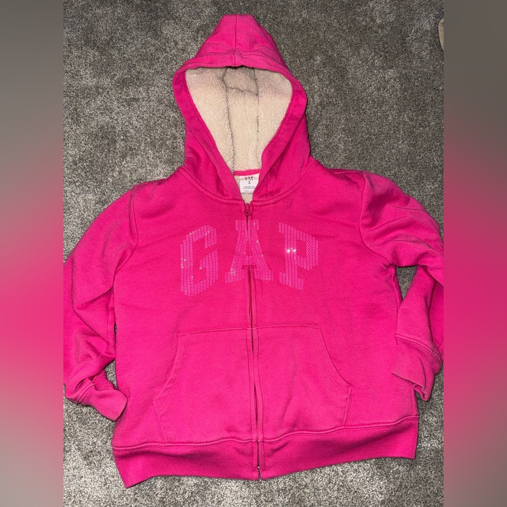 GAP - girls size M(8) - pink sherpa lined zip hoodie with sequins logo
